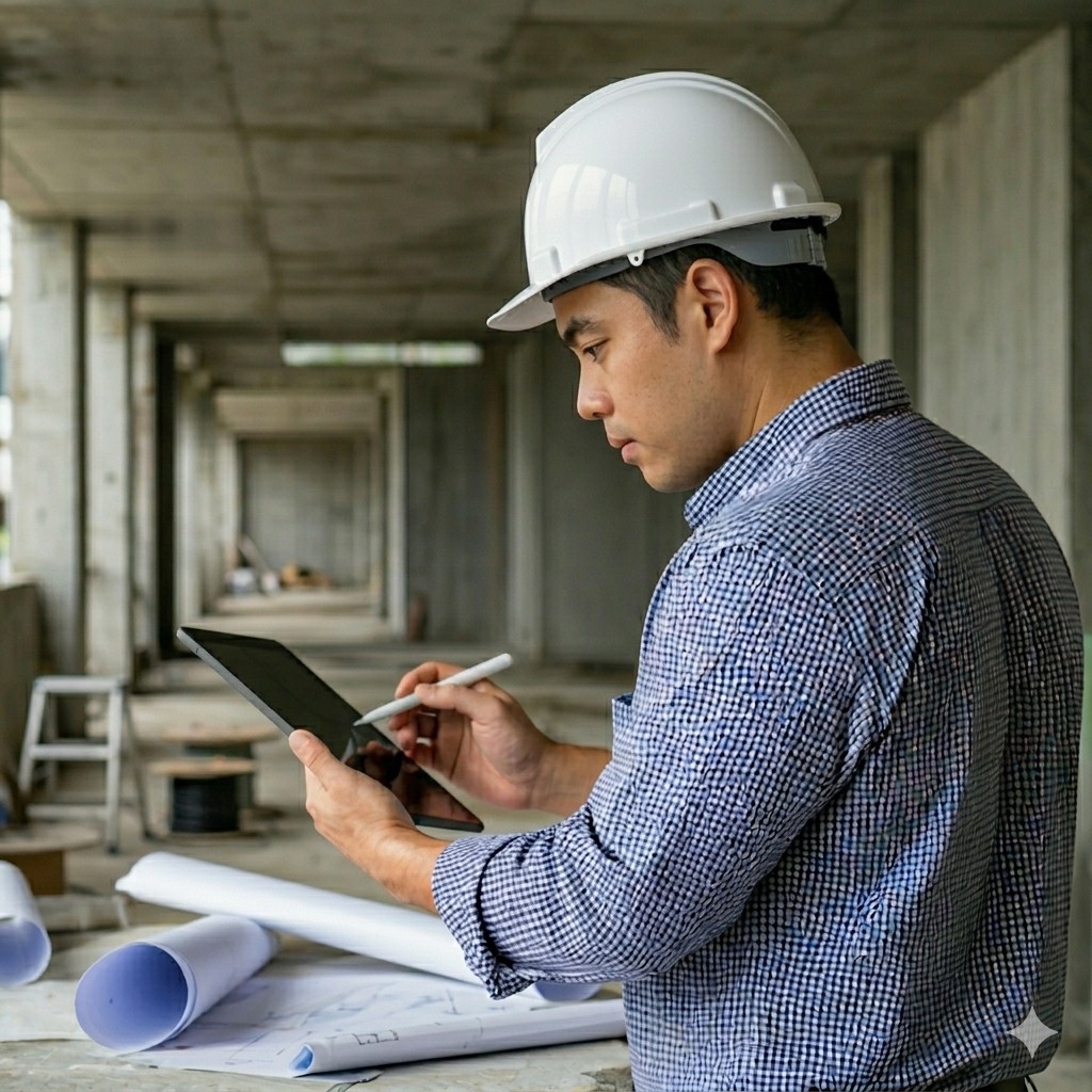 Kỹ sư đang xem bản vẽ trên công trường